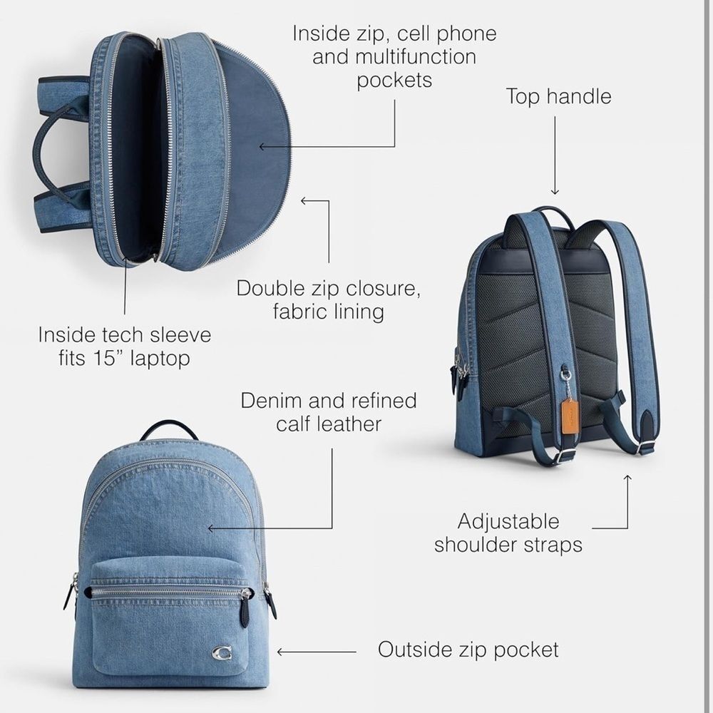 NWT COACH Charter Backpack Blue Indigo Denim CR764 Large Full Size - Picture 7 of 13